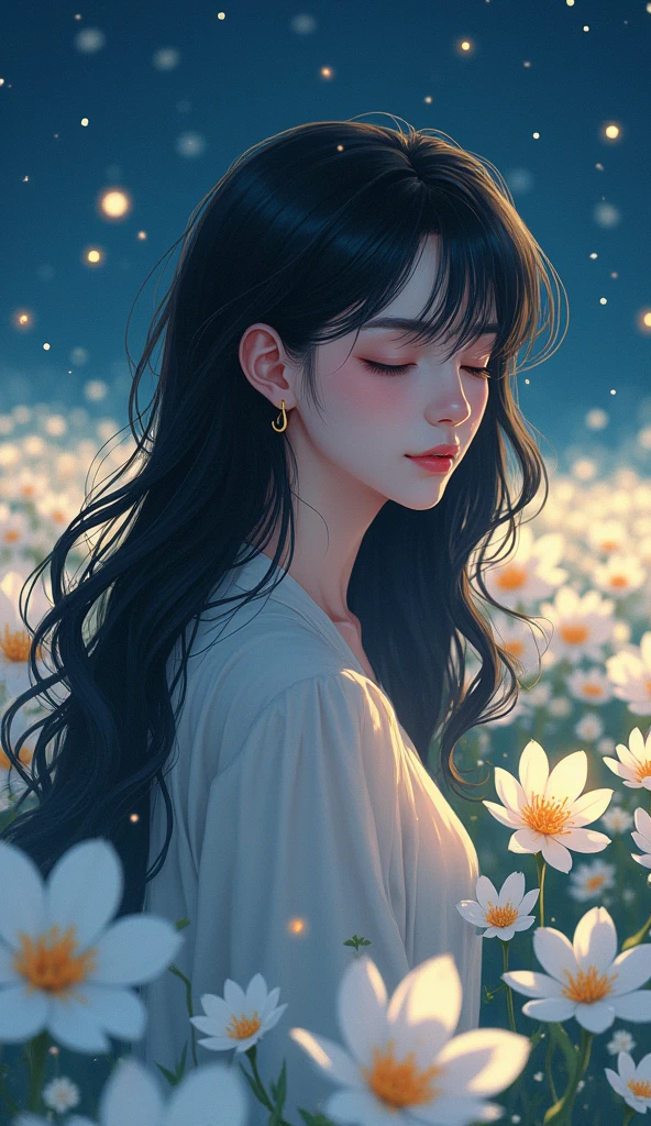1girl, Solo, High Resolution, Masterpiece, Accurate, Best Quality, Award Winning, Long Hair, Black Hair, Curly Hair, Crescent Earrings, Closed Eyes, Light Smile, Tearing Up, POV, Multiple Views, Hair Flower, Sparkle, Bloom, Blending, standing in the middle of the white plumeria flied, night, fireflies,Feet Out Of Frame, far away, highlight plumeria field, anime, donghua, myth