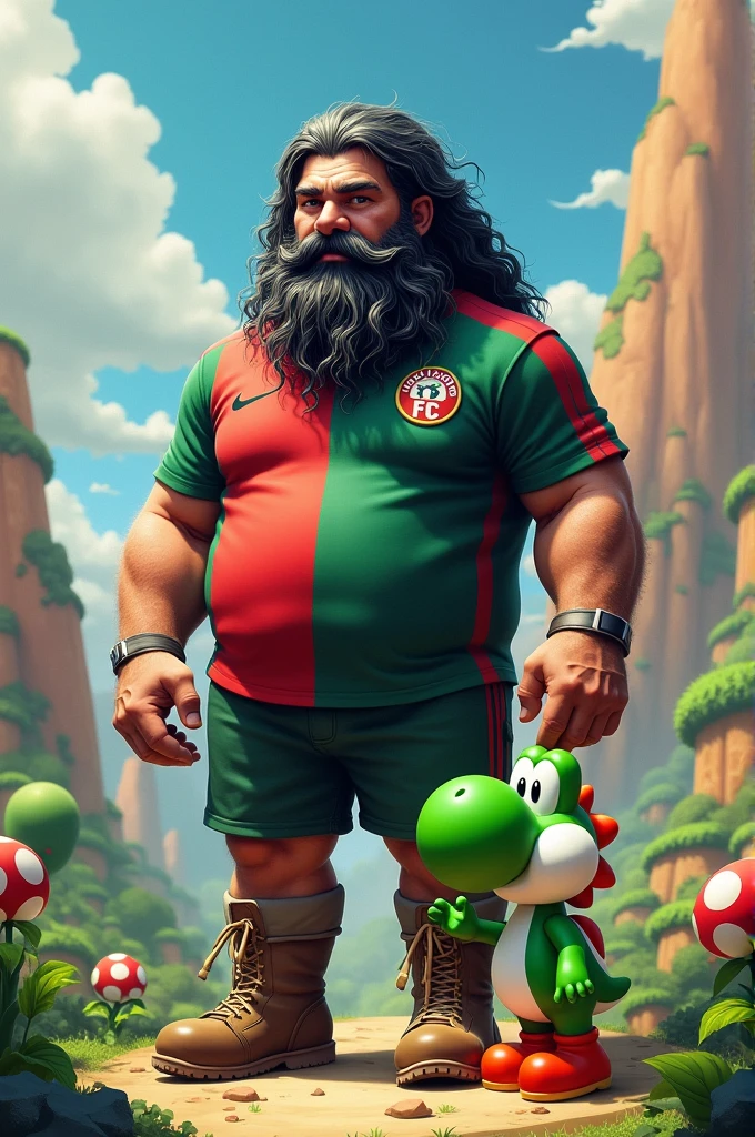 A man of 1,83 long wavy dark hair that reaches almost to the waist, some white hair weighing over 100kg bearded with a mustache with a few strands, wearing the Bologna FC shirt in the Mario Bros universe next to Yoshi
