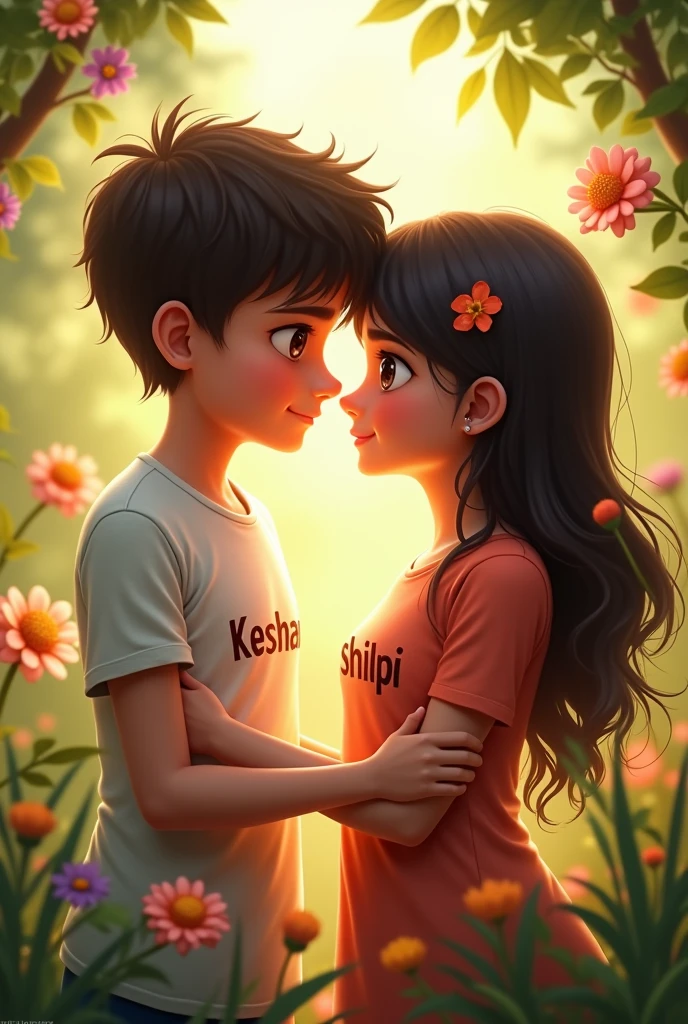 A boy  name Keshav wearing t shirt written his name and a girl name Shilpi wear t shirt of her name both are kissing each others, Romantic, nature, flower 