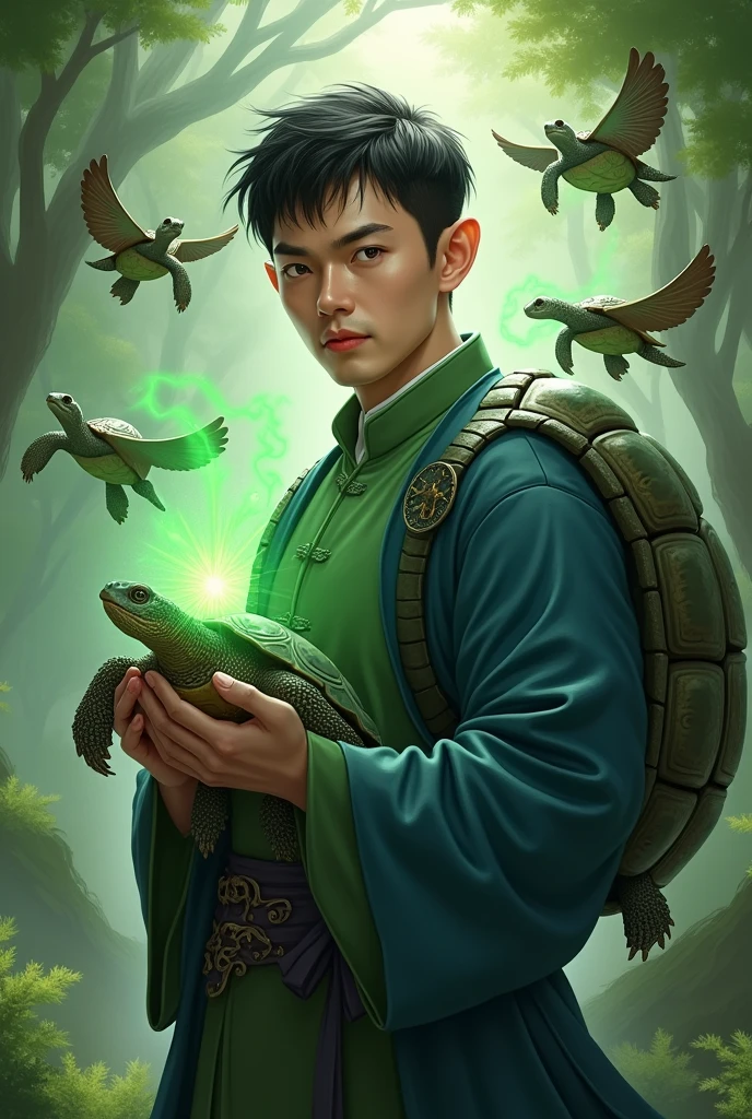 man,Asia,pointed ears,short hair,Green Chinese shirt,Blue coat,There is a turtle shell on the back.,forest,straight face,Realistic,Portrait,Hold a turtle,Fantasy,Several turtles flying behind,Green spark,