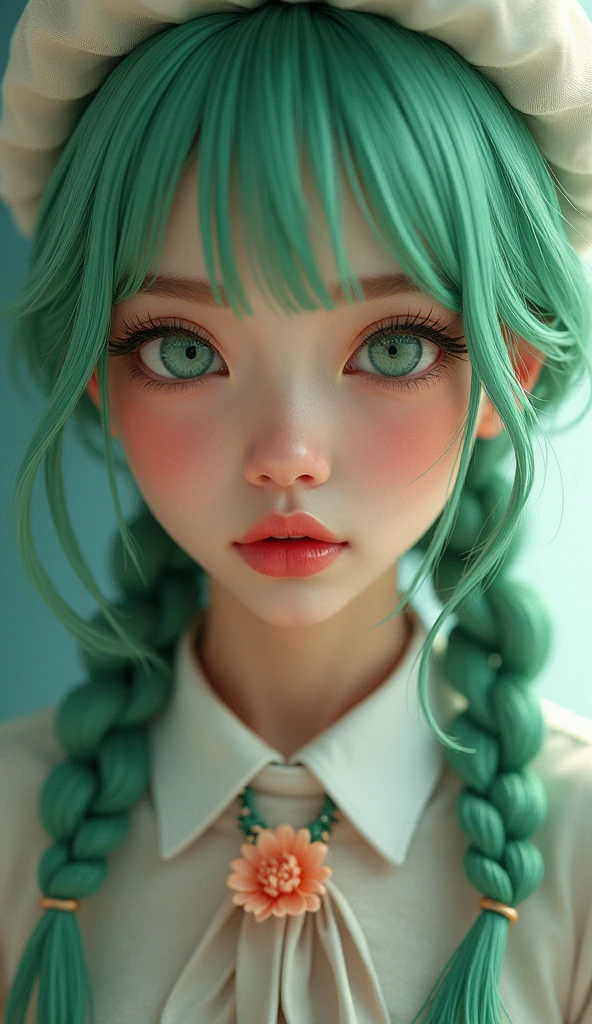 1girl, beautiful detailed eyes, beautiful detailed lips, extremely detailed eyes and face, longeyelashes, mint green hair, twin_braid, white beret, white shirt, flower necktie, (bags under eyes:1.5), (best quality,4k,8k,highres,masterpiece:1.2),ultra-detailed,(realistic,photorealistic,photo-realistic:1.37),digital painting,highly detailed,cinematic lighting,cinematic atmosphere,vibrant colors,soft warm colors