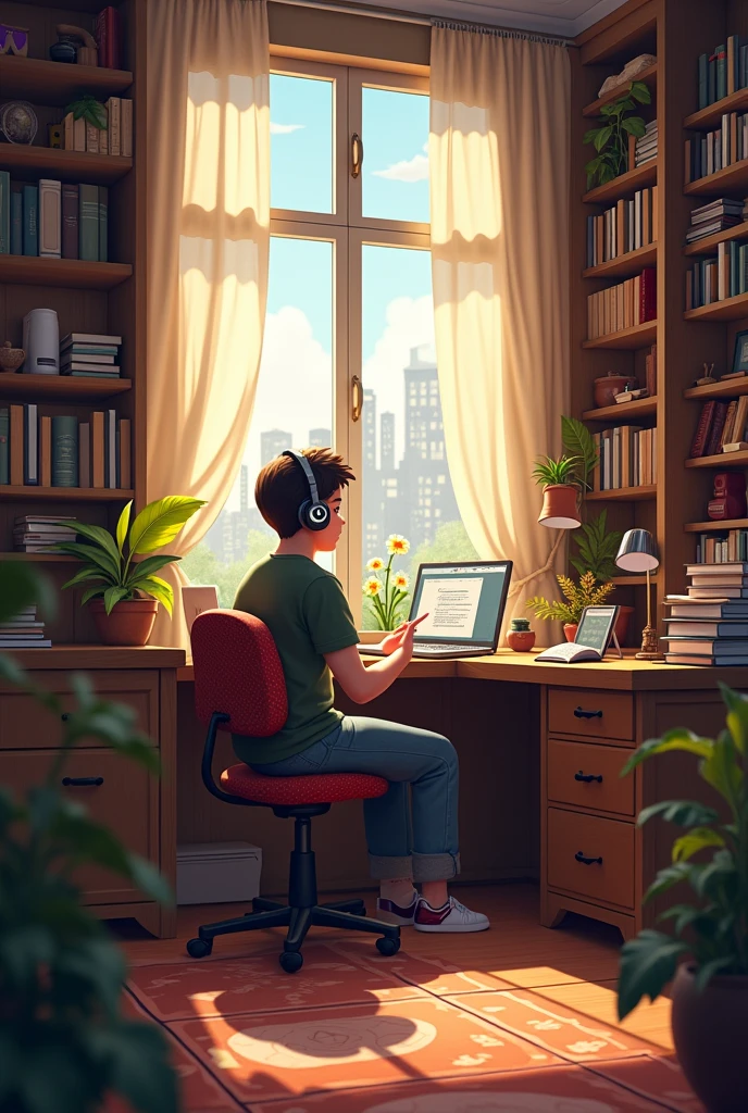 character siting at a desk with headphones on in a crazy room with warm lighting. The room should have elements such as books, decoration and a window showing either a citvscane or nature.
The atmosphere should be calm and inviting suitable for studying or relaxing include soft shadows to enhance the warmth of the scang