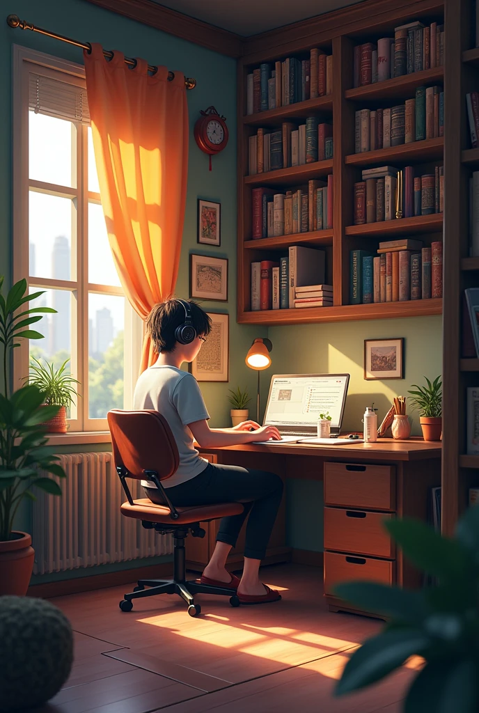 character siting at a desk with headphones on in a crazy room with warm lighting. The room should have elements such as books, decoration and a window showing either a citvscane  or nature.
The atmosphere should be calm and inviting suitable for studying or relaxing include soft shadows to enhance the warmth of the scang