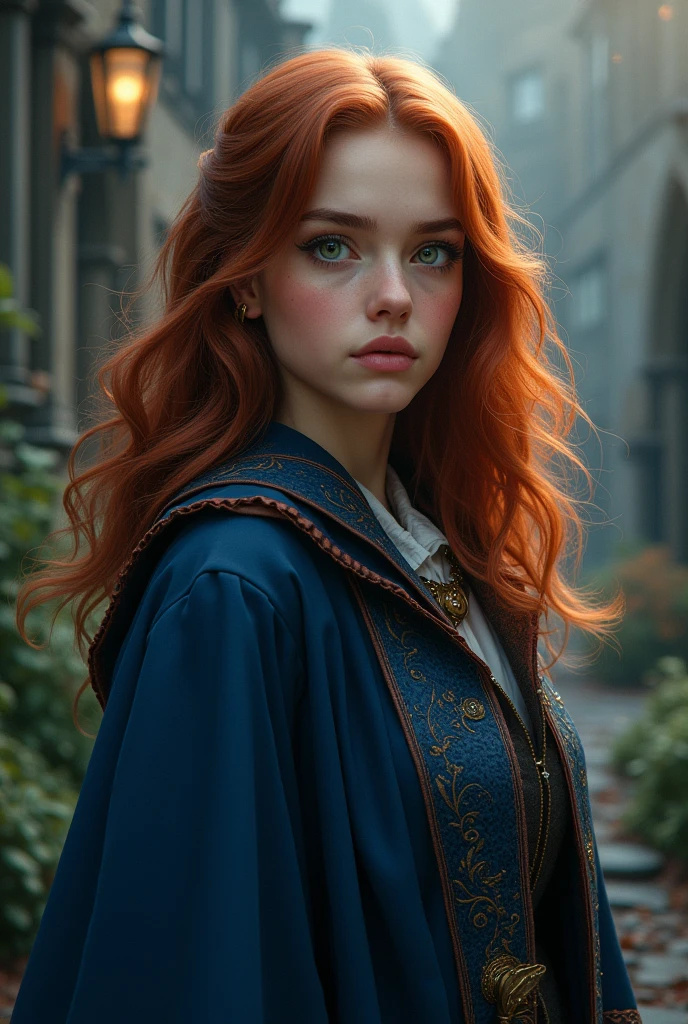 Create a character for a Harry Potter RPG that I participate in with the following characteristics: Hermione Granger-inspired  with medium-length dark reddish-brown hair; with eyes that vary between green, gray and light brown; fair skin and blue Ravenclaw witch robes