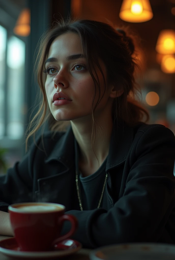 Best quality, masterpiece, ultra high res, (photorealistic:1.4), raw photo, 1girl, waist up, in coffeeshop, deep shadow, dark theme