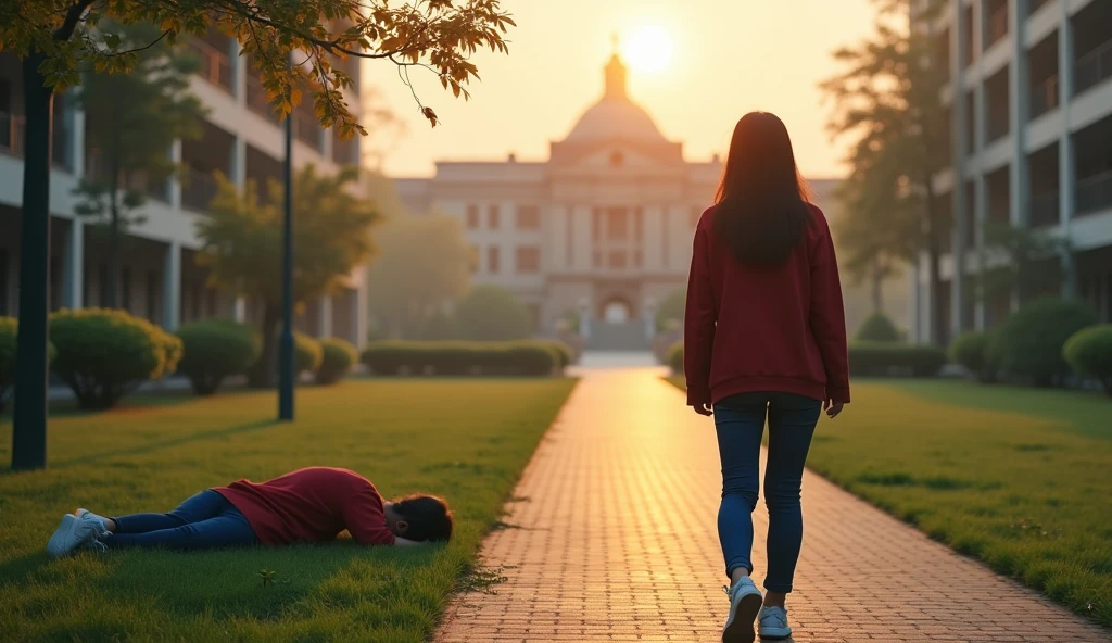 Scene 6: The University Grounds - Day (The scene cuts to the next morning. The sun is shining, a Maya is found unconscious outside the abandoned building by her friend, Mei, who had been looking for her all night.) maya seed is 1342503350, wearing red shirt jacket with blue jean.  mei is maya friend chinese young university girl.