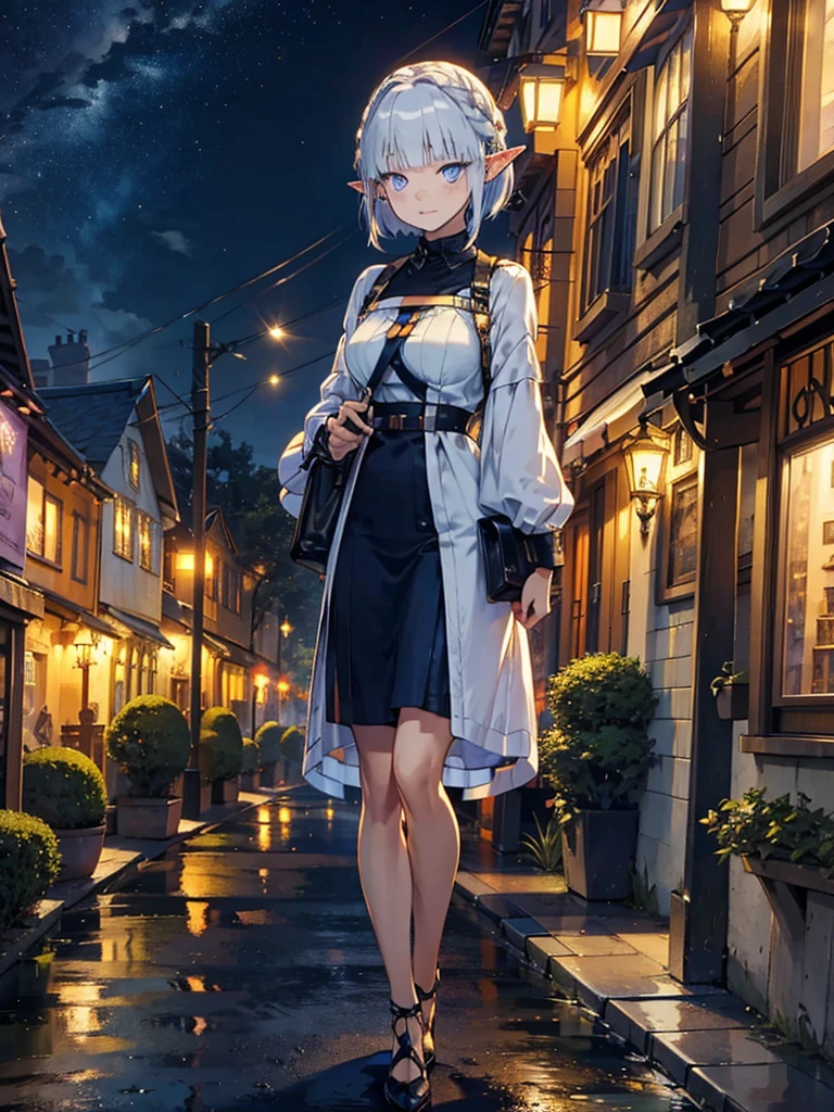 Illuminated in orange、Medieval cityscape at night,　Wide Road、Pointed Ears、Elf、blue eyes、Green casual clothing、Long eyelashes、Silver braided short hair