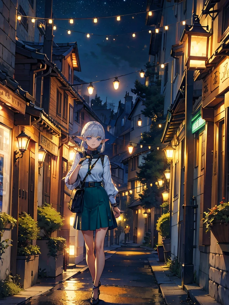 Illuminated in orange、Medieval cityscape at night,　Wide Road、Pointed Ears、Elf、blue eyes、Green casual clothing、Long eyelashes、Silver braided short hair