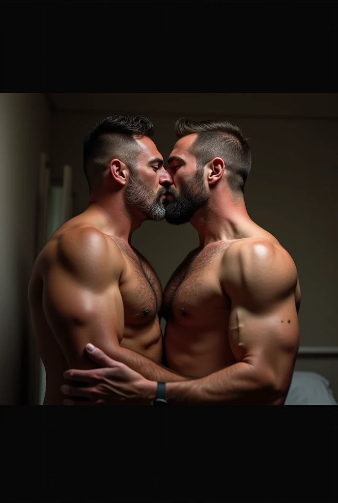 creates an image of two 40 year old men with body hair kissing passionately