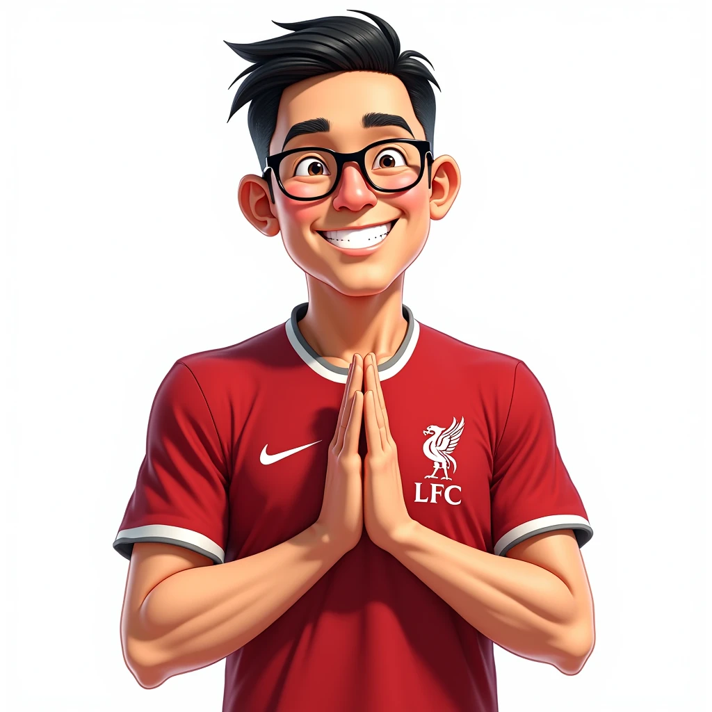 Thai man, about 40 years old, short hair, smiling in manga style, bowing in Thai style and wearing a Liverpool shirt, wearing glasses, standing in cartoon style. High quality dynamic photo, detailed and colorful. Realistic and colorful pose, white background.