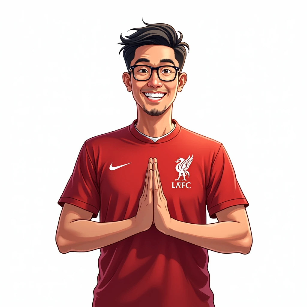 Thai man, about 40 years old, short hair, smiling in manga style, bowing in Thai style and wearing a Liverpool shirt, wearing glasses, standing in cartoon style. High quality dynamic photo, detailed and colorful. Realistic and colorful pose, white background.