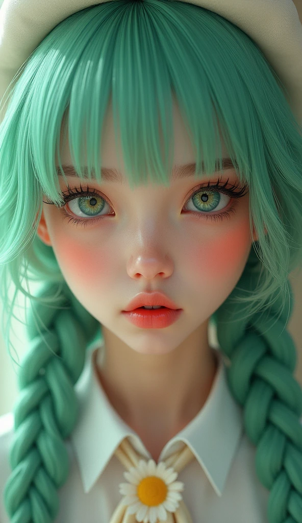 1girl, beautiful detailed eyes, beautiful detailed lips, extremely detailed eyes and face, longeyelashes, mint green hair, twin_braid, white beret, white shirt, flower necktie, (bags under eyes:1.5), (best quality,4k,8k,highres,masterpiece:1.2),ultra-detailed,(realistic,photorealistic,photo-realistic:1.37),digital painting,highly detailed,cinematic lighting,cinematic atmosphere,vibrant colors,soft warm colors
