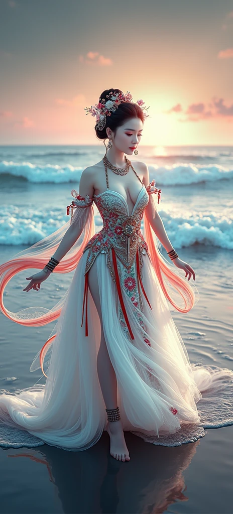 Chinese girl with coins gold , thick body, curvy body, curvy waist, big breast, white skin, gorgeous costumes embroidered with intricate embroidery, exposed breasts, flowing tulle, transparent long colorful ribbons tied on the arms, inspired by cinderella, showing navel, bare shoulders, bare neck, hair in a high bun with flower hairpins, ribbons on arm rings, wreaths, bracelets, anklets, high heels, metal chain tassels on the waist, Mogao Grottoes art, ink painting, cgstation pop, in the night beach, ((fullbody)), ((super realistic))