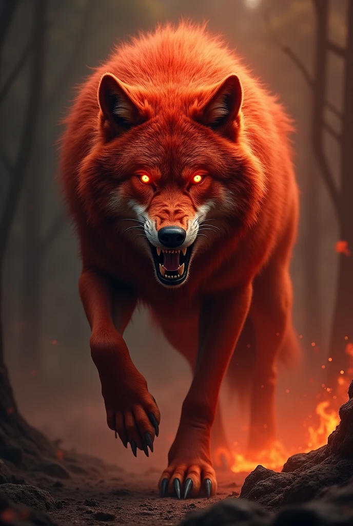 I need a picture of a very wolfish red wolf with a roaring wolf with red fire coming out of his big majestic eyes