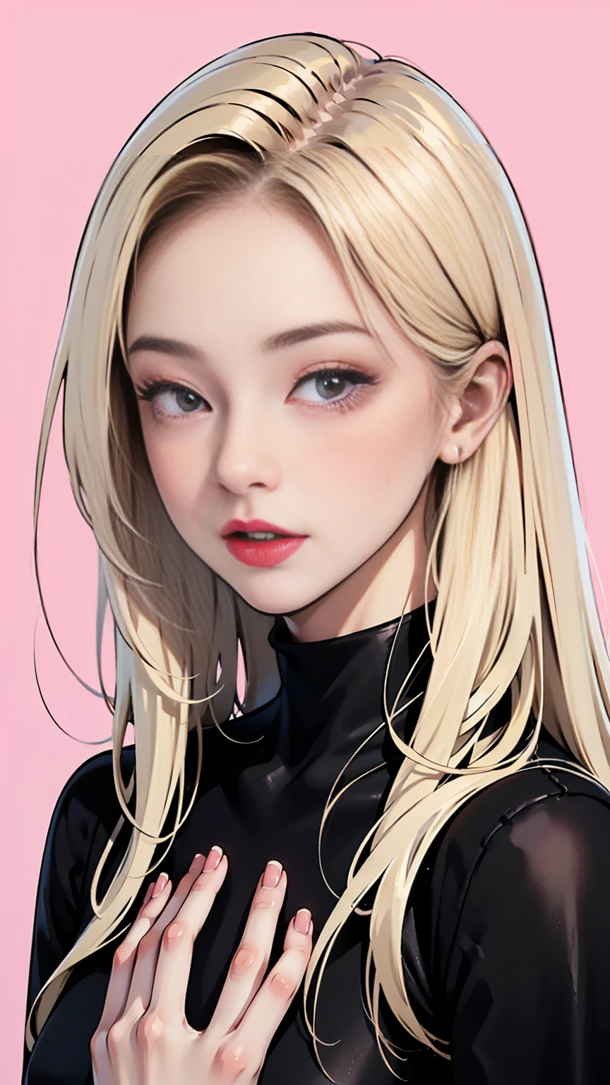 a woman with long blondhair and a pink background, a character portrait, a screenshot, by Lü Ji, imvu, flat icon, artstyle : ilya kuvshinov, black anime manga girl, on amino