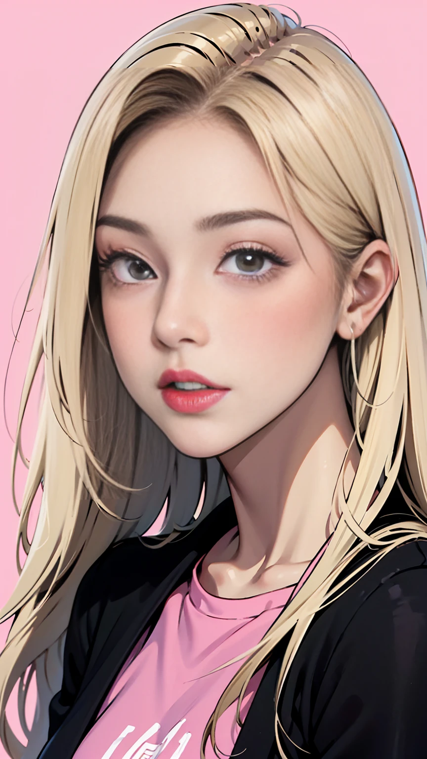 a woman with long blondhair and a pink background, a character portrait, a screenshot, by Lü Ji, imvu, flat icon, artstyle : ilya kuvshinov, black anime manga girl, on amino