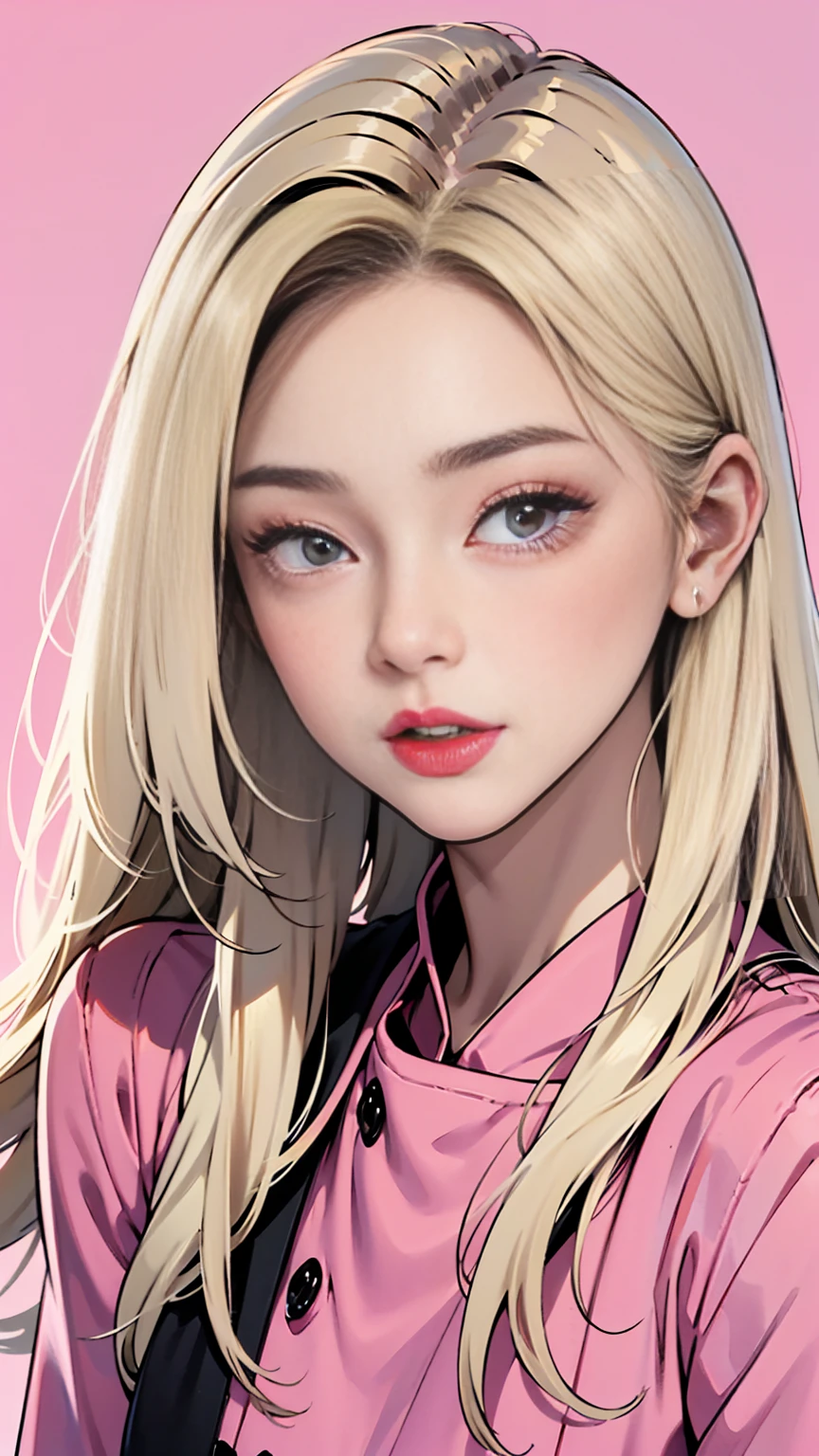 a woman with long blondhair and a pink background, a character portrait, a screenshot, by Lü Ji, imvu, flat icon, artstyle : ilya kuvshinov, black anime manga girl, on amino