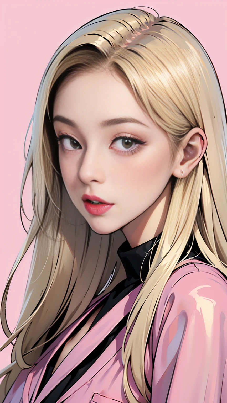 a woman with long blondhair and a pink background, a character portrait, a screenshot, by Lü Ji, imvu, flat icon, artstyle : ilya kuvshinov, black anime manga girl, on amino