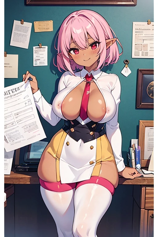 1 Cute naughty receptionist, (dark elf, dark skin:1.4), Pastel colors hair, (large breasts:1.2, Thighs:1.2, thick legs:1.2, curvy:1.2), (pink hair, short hair, flipped hair:1.2, tired hair, hair intakes), red eyes, (naked:1.2), standard height, (slant eyes, blush:1.2, evil smiling), at the adventurer's guild, A bulletin board with posted paper