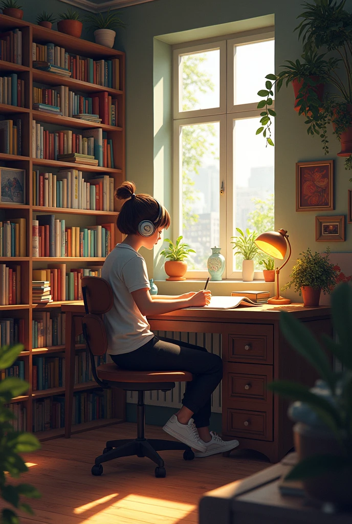character siting at a desk with headphones on in a crazy room with warm lighting. The room should have elements such as books, decoration and a window showing either a citvscane or nature.
The atmosphere should be calm and inviting suitable for studying or relaxing include soft shadows to enhance the warmth of the scang