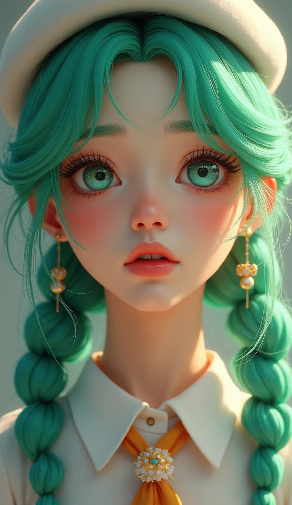 1girl, beautiful detailed eyes, beautiful detailed lips, extremely detailed eyes and face, longeyelashes, mint green hair, twin_braid, white beret, white shirt, flower necktie, (bags under eyes:1.5), (best quality,4k,8k,highres,masterpiece:1.2),ultra-detailed,(realistic,photorealistic,photo-realistic:1.37),digital painting,highly detailed,cinematic lighting,cinematic atmosphere,vibrant colors,soft warm colors