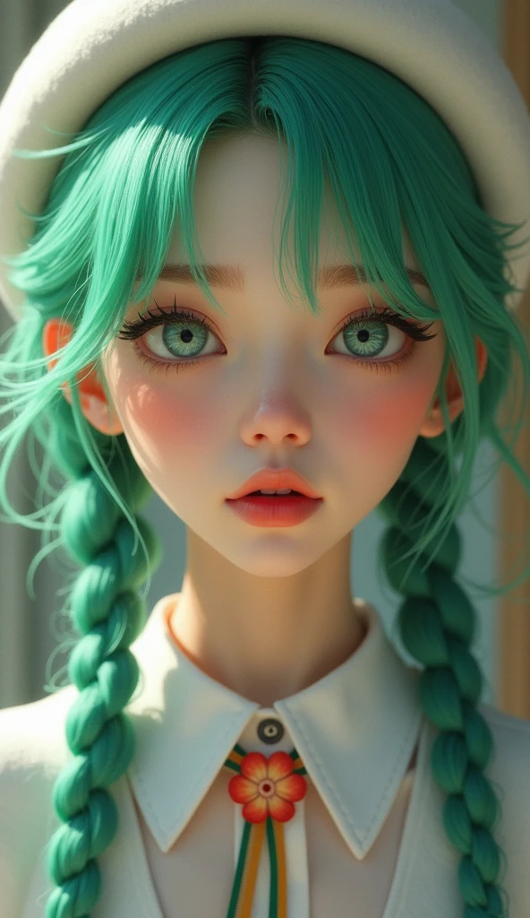 1girl, beautiful detailed eyes, beautiful detailed lips, extremely detailed eyes and face, longeyelashes, mint green hair, twin_braid, white beret, white shirt, flower necktie, (bags under eyes:1.5), (best quality,4k,8k,highres,masterpiece:1.2),ultra-detailed,(realistic,photorealistic,photo-realistic:1.37),digital painting,highly detailed,cinematic lighting,cinematic atmosphere,vibrant colors,soft warm colors