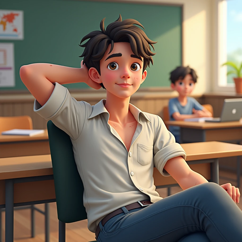 digital art, a 20 year old male teacher, sat on the chair with legs up on the desk relaxing hand behind hear, sweaty armpit