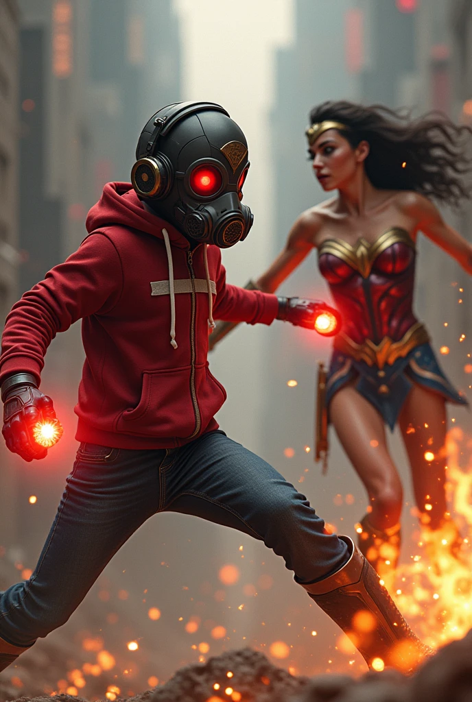 Ghost rider, realistic, full body vs. Youg boy with red hoodie, headphones, Star-lord helmet, rocket boots, gas helmet, covered mouth, round red, eyes, front cover, Kid Star-lord with red hoodie, star-lord helmet, gas helmet, covered mouth, round red eyes, Red eyes, magic rings in the hands and rocket boots, Fighting, power, fiction, 2 persons, magic lasso, hight, fall, flying in the sky, capa roja, fire under shoes, Space, Smoke, gun in hands, epic battle.