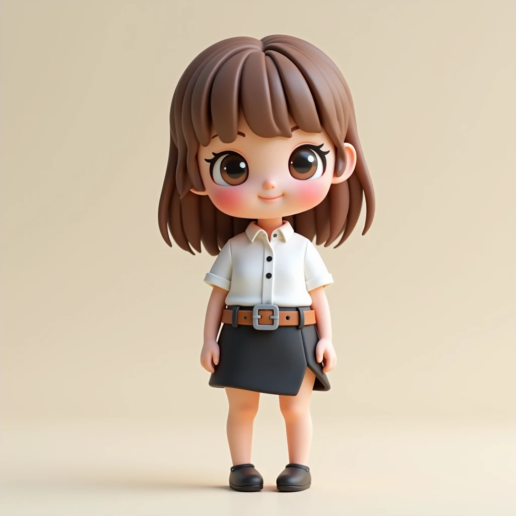 super cute girl IP by pop mart, Bright eyes, cherub, white short-sleeve button shirt, black tight short slit mini skirt, brown belt, grey plain plate belt buckle, white sneakers, Clay, Models, a blind box toy, Glossy and delicate,Clean background, Good gloss, 3D rendering of,Best quality, full body