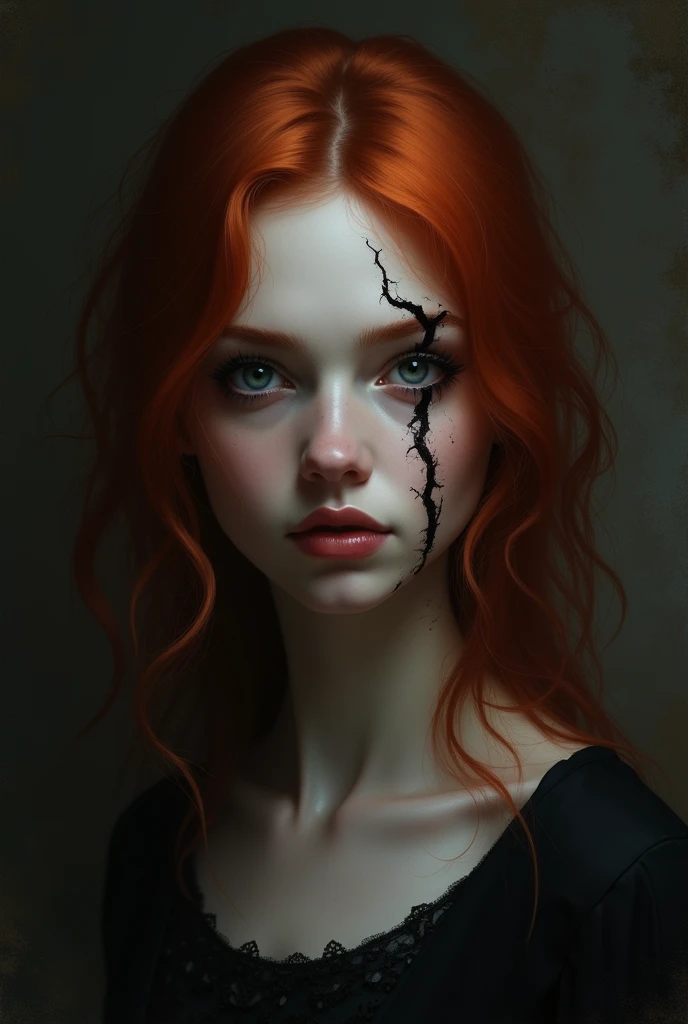 Beautiful young woman with emerald green eyes and copper hair with a dominant look while she is bathed in blood after a war with the mafia