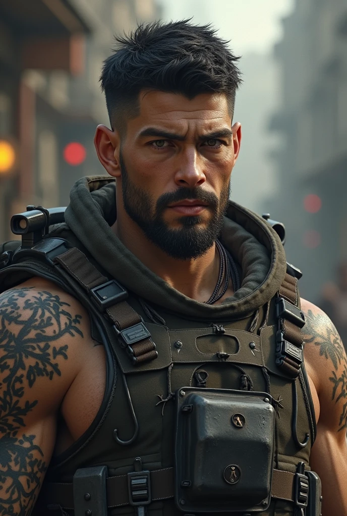 A tall man, young and handsome, with sculpted muscles, deep scars, black hair, kept short,, and his stubble adds a hardened look, eyes browns,He wears tactical armor, but simple, preferring agility and functionality over appearance.
