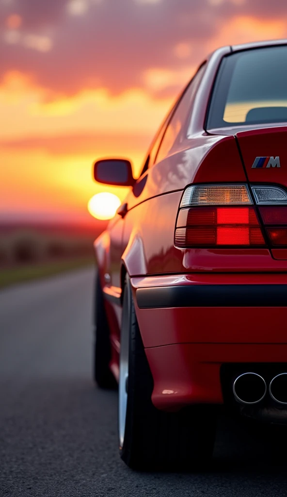 Photograph of the right rear side of a BMW M3 e36 from the rear with a sunset in the background