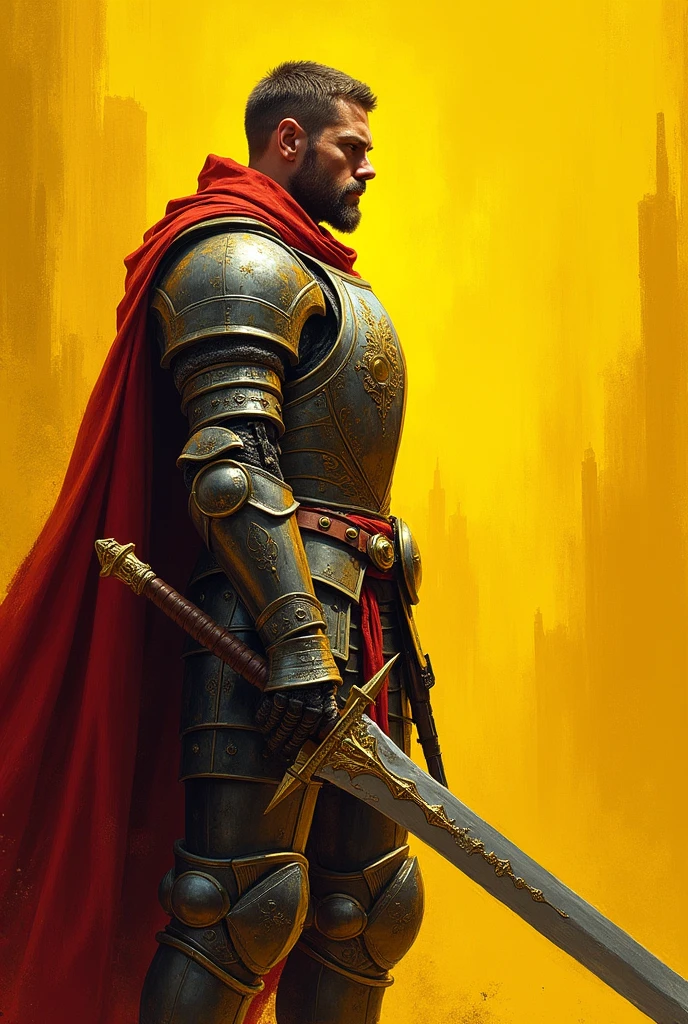 a painting of a man with a sword and armor on a yellow background with a sky in the background, art greg rutkowski, Darek Zabrocki, fantasy art, a painting