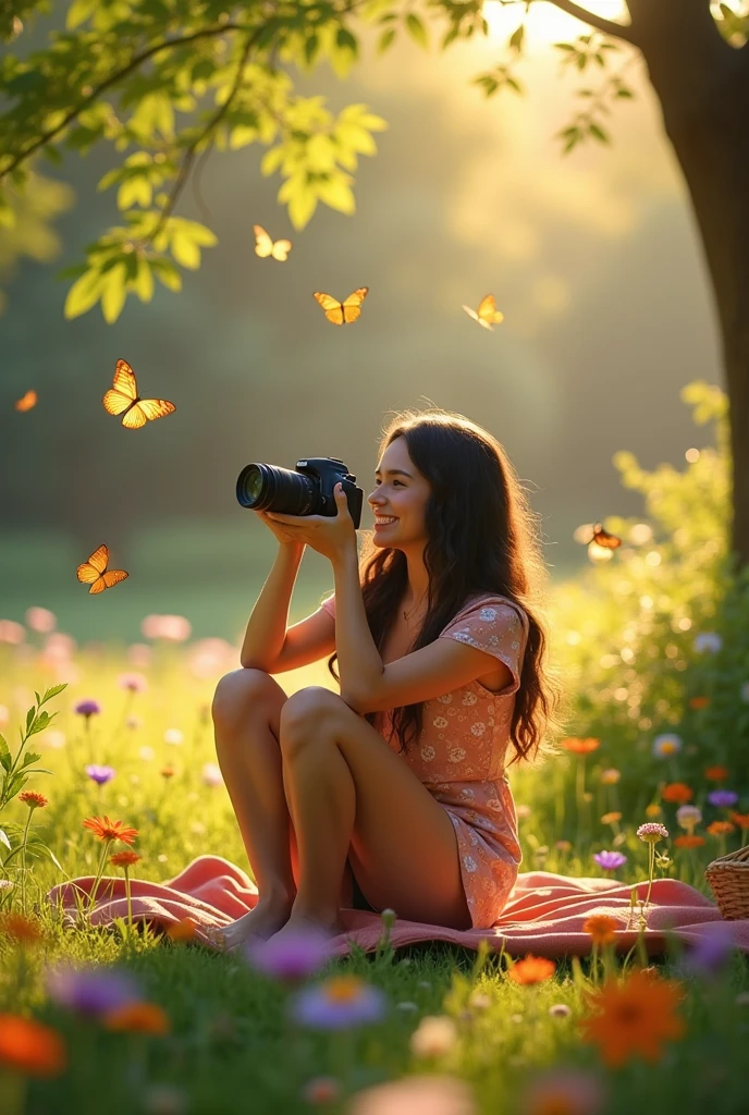 Scene 2: The Photography Session
Description: Mia is sitting on the blanket, camera in hand, capturing the beauty of fluttering butterflies and colorful flowers around her. The sunlight creates a warm glow on her face, reflecting her passion for photography.
Visual Prompt: "A young woman photographing butterflies and flowers, sunlight streaming through leaves, with her camera poised toward nature."