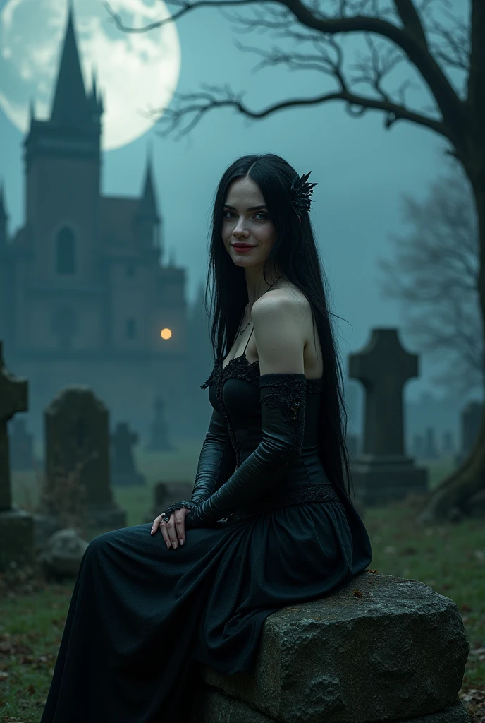 ((Masterpiece)), (high resolution:1.4), (sitting on a grave:1.5), morrigan aensland, looking at viewer, beautifull smile, graveyard at night background, dark casttle outside, beautiful face, highly detailed skin, skin pores,(highly detailed face:1.1), (highly detailed eyes:1.1), realistic pupils, full face blush, full lips, (perfect anatomy:1.1), (perfect proportions:1.1), (photography:1.1), (photorealistic:1.1), volumetric lighting, dynamic lighting, real shadows, (highres:1.1), sharp focus, rembrandt lighting, (realistic, hyperrealistic:1.4), intricate, high detail, dramatic, subsurface scattering, big depth of field, vivid, polished, sharpened, ((full Sharp)), (extremely absurdres),16k hdr,
