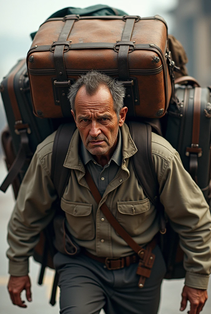 The man with a lot of luggage on his back is exhausted