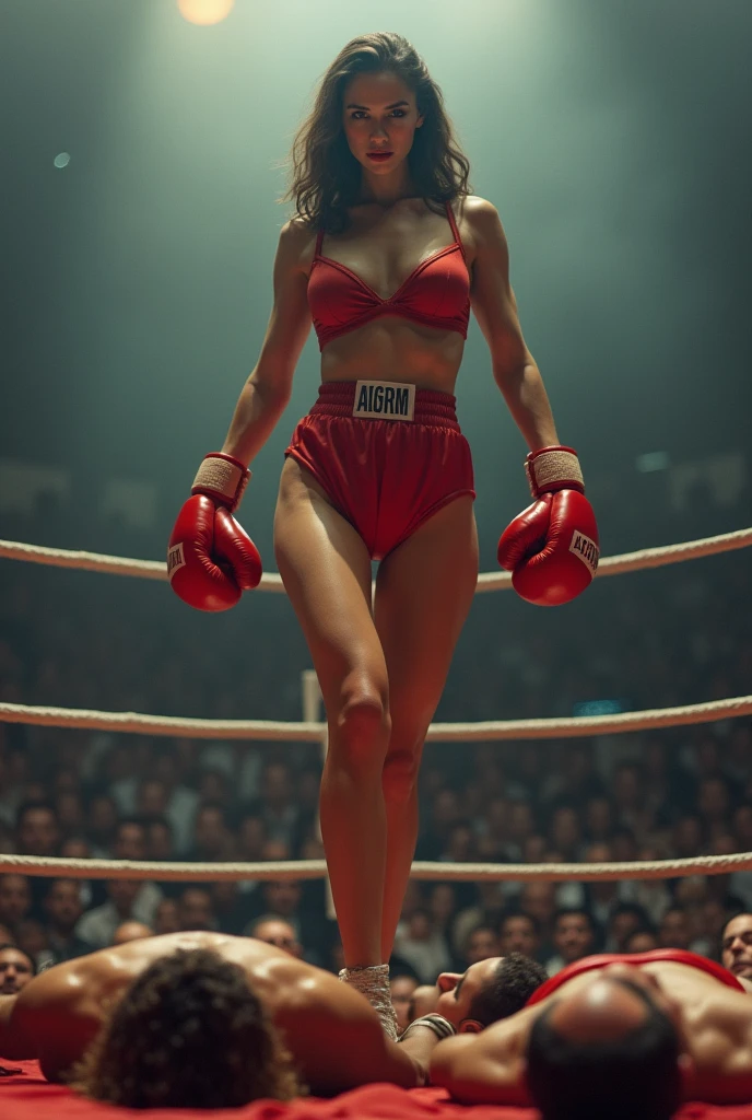 She has defeated 40 men and she will get even taller. In the boxing match next week, those who see the woman's height will be shocked. She knocks down 3 men without fighting back. Cover her private parts. Let 5 men attack the woman. The woman becomes one to a thousand and beats her ex-lover. Show the punch she threw. There are fewer men. The men run away from the woman. Let them run away. Show her. The men are unconscious on the ground. A man as tall as the woman's leg challenges her. They will fight 1v1. The woman laughs. Show her laughing.