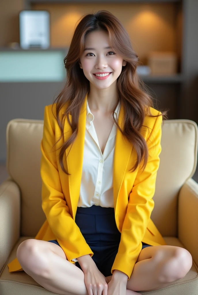 Best quality at best, realistically, ultra - detailed, Detailed pubic hair, A high resolution, 8K wallpaper, 1 Beautiful korean young woman, pink wet lips, light brown messy long hair, Wear a bright yellow office suit with dark blue short skirt, white shirt inside the suit, Perfect dynamic composition, beautiful eyes, Delicate hair, Detailed realistically skin texture, Smiling, closeup portrait, Model body type, background the Hotel reseption, blurred background, (full body shot:1.3), Shooting from a long distance, (Random body direction), sitting cross-legs, front view, on white office, on comfortable beige sofa, showing off her sexy legs