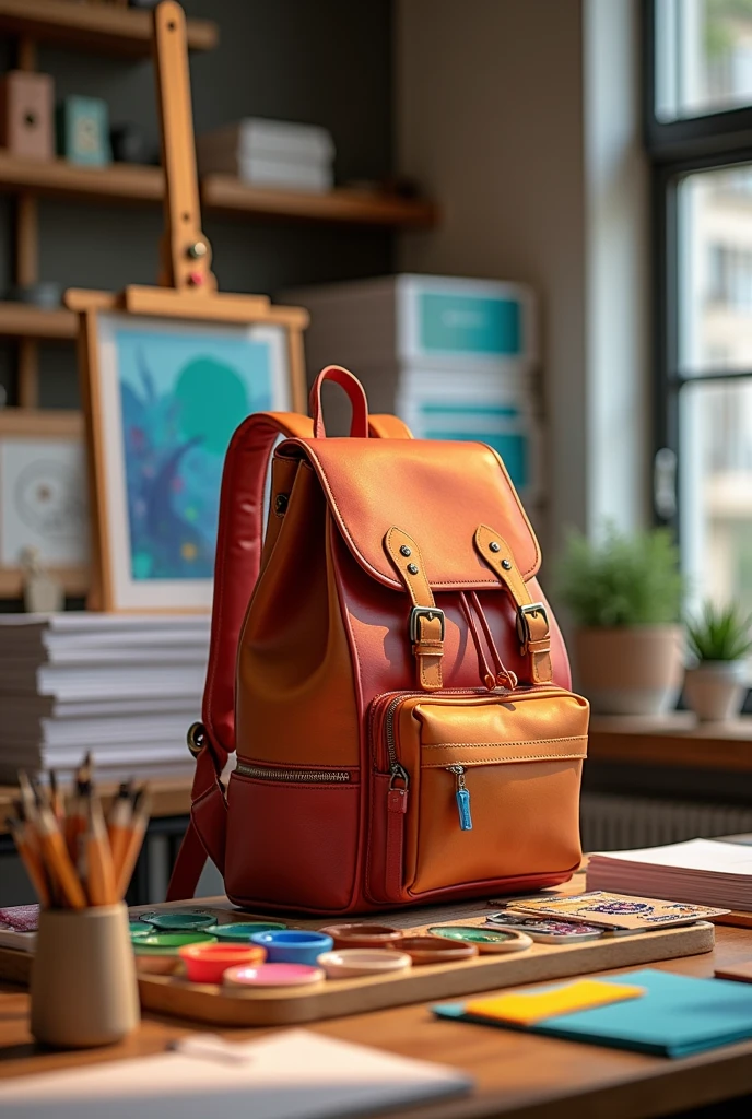 (photorealism:1.2), PHOTOGRAPH OF A BUSINESS THAT CONTAINS: Beautiful hanging backpack, School Supplies, printer printing color sheets, Brushes, colors, painting easel, cajas de hojas blancas y colors