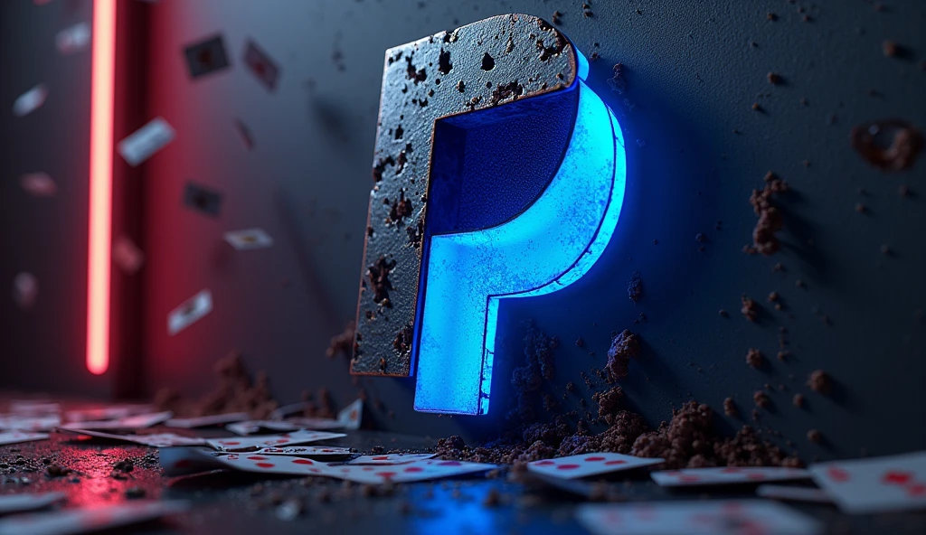 Dirty and toxic 3D PayPal logo on a dark neon wall with playing cards flying around, 3D image