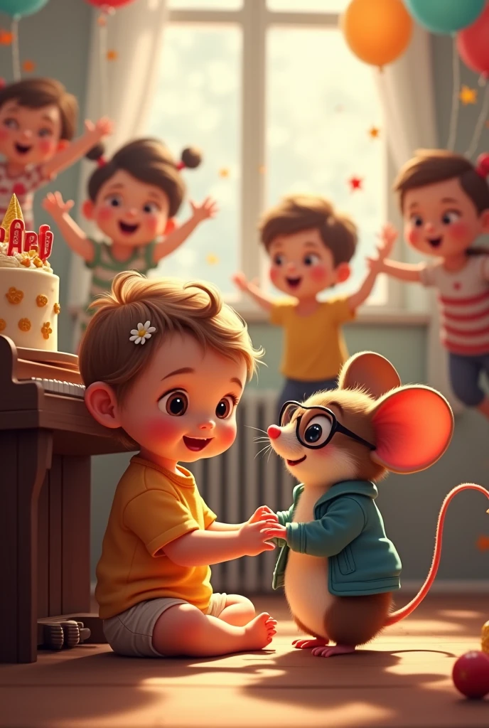 Many children Radiator on background wall, with party decoration, chocolate and nougat and anise balls Baby girl 1 month old with very short hair, small with light brown hair with a flower adorning one side of her hair, sitting next to a piano and playing with a beautiful, little mouse with glasses and jacket singing and dancing on the piano Party and birthday cake for name "Allison"
Many happy children singing and jumping around Animated colors Photography Anime, photo, illustration, typography, vibrant, Graffiti, portrait photographyLess