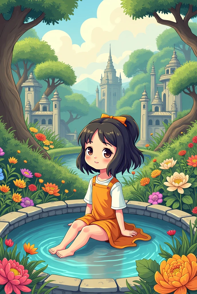 A girl sitting near a holy spring garden , animated, line art colourful
