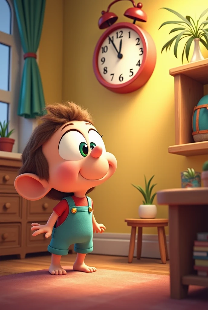 A cartoon character looking at a clock on a wall