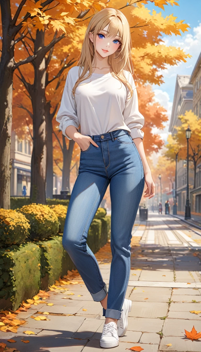 ((best quality, masterpiece:1.3, 8K)), (detailed), highly detailed face and skin texture, detailed eyes, full body, outdoor, daytime, autumn, (slender body:1.1), 1girl, (solo), white skin, bright lips, seductive smile, long hair, straight hair, blonde hair, casual outfit, medium breast, (jeans pants:1.2, blue jeans:1.2), 