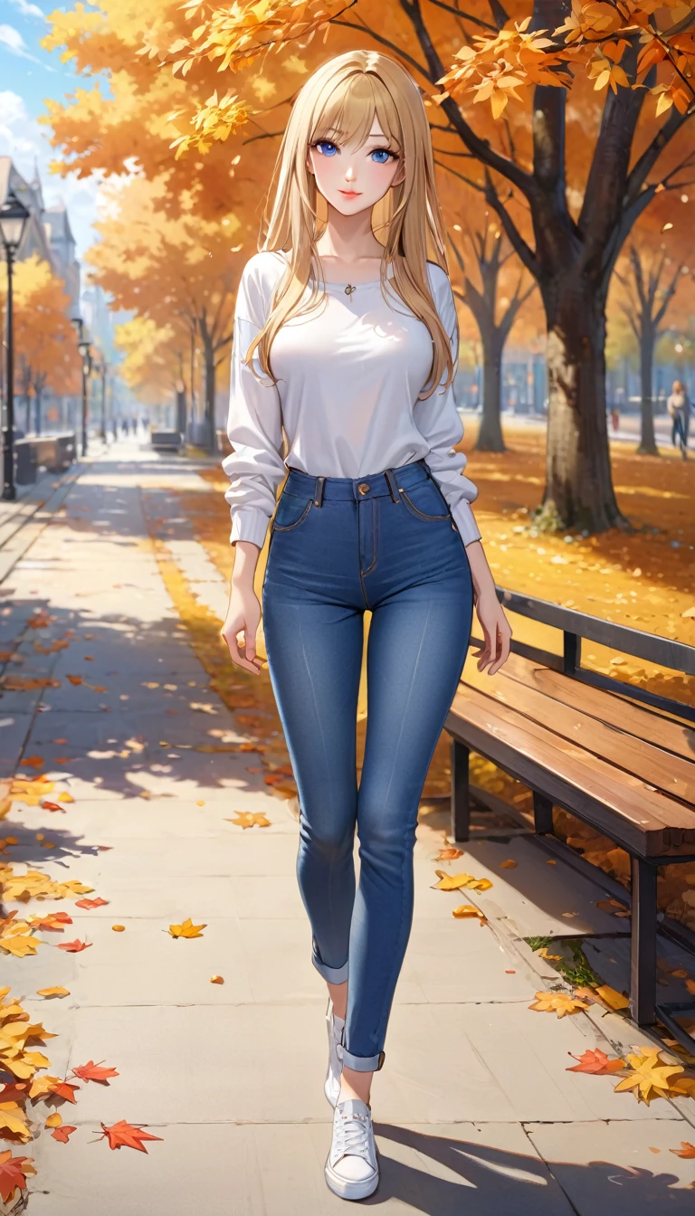((best quality, masterpiece:1.3, 8K)), (detailed), highly detailed face and skin texture, detailed eyes, full body, outdoor, daytime, autumn, (slender body:1.1), 1girl, (solo), white skin, bright lips, seductive smile, long hair, straight hair, blonde hair, casual outfit, medium breast, (jeans pants:1.2, blue jeans:1.2),
