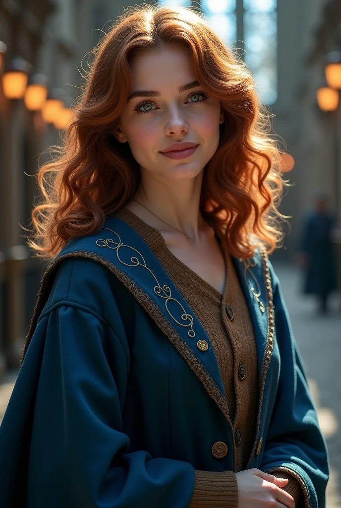 Create a character for a Harry Potter RPG that I participate in with the following characteristics: Hermione Granger-inspired  with medium-length dark reddish-brown hair; with eyes that vary between green, gray and light brown; fair skin and blue Ravenclaw witch robes