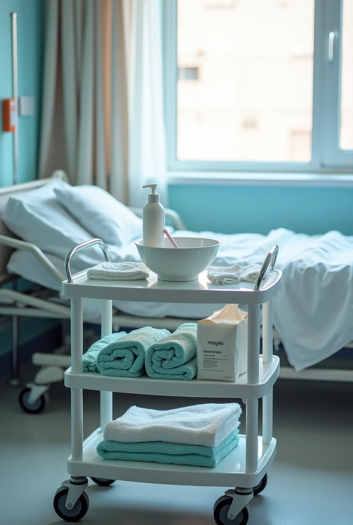 Photo d un chariot d hopital avec Gants jetables
Savon doux adapté aux peaux sensibles
Serviettes et gants de toilette
Bassine pour la toilette partielle au lit si nécessaire
Crèmes hydratantes et lotions (si besoin)
Linge propre
Barrières de lit (si la toilette est faite au lit) dans une chambre d hopital