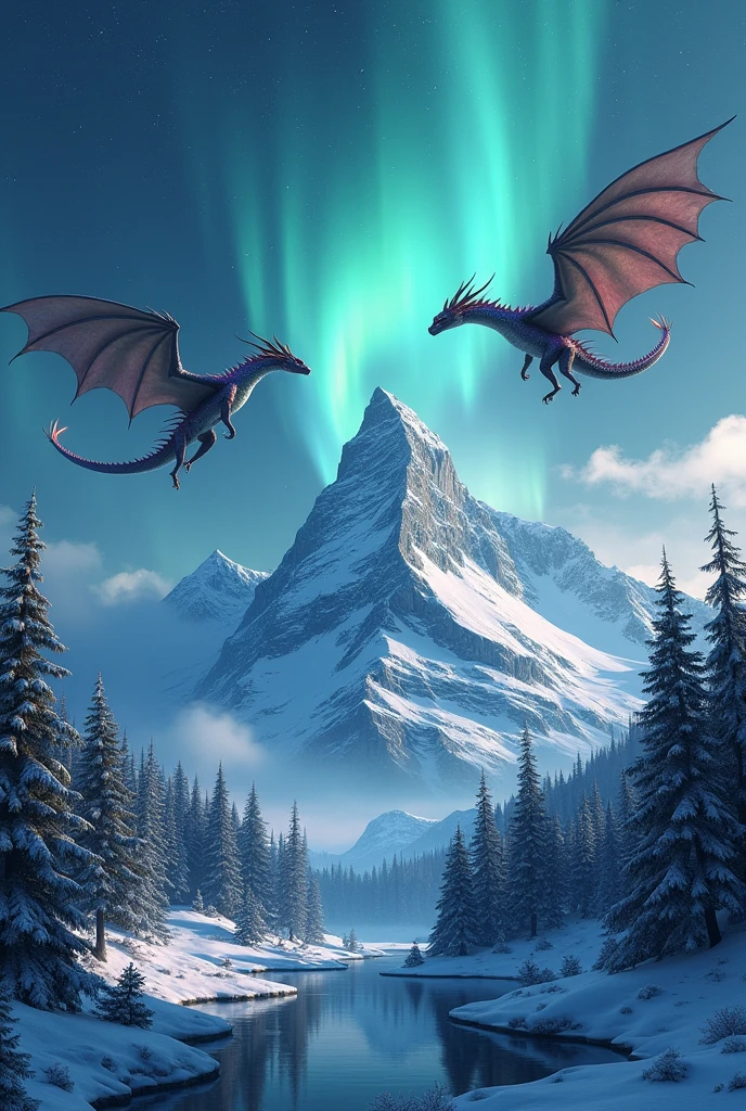 A snowy mountain with an aurora borealis and several dragons
