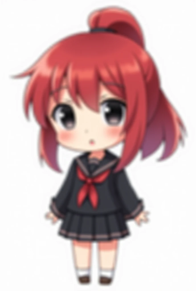 beautiful illustration, best quality, full body cute chibi girl, perfect face,high quality, red high half ponytail, wearing a black Japanese school uniform, black eyes, sharp eyes features, white background