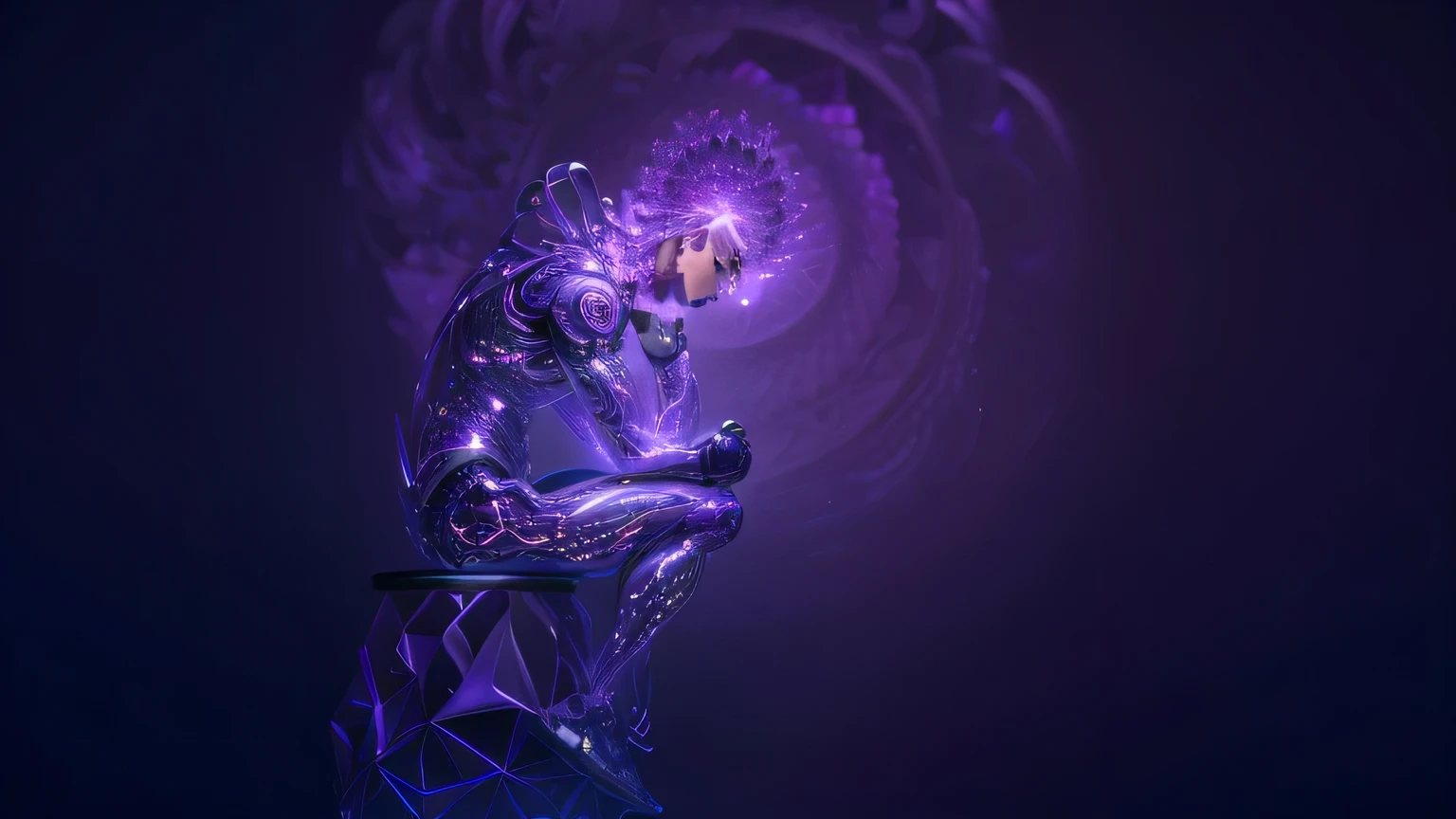 arafed image of a man sitting on a stool with a purple light, thinker pose, thinker, the thinker, abstract human body, fractal human silhouette, thinking pose, inspired by Mike Winkelmann, dramatic thinking pose, intricate transhuman, strong artificial intelligence, by Julian Allen, digital art, digital art, his mind contemplating eternity